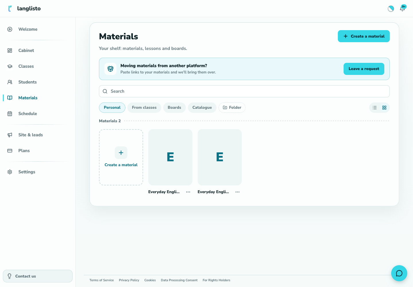 Open the Materials section